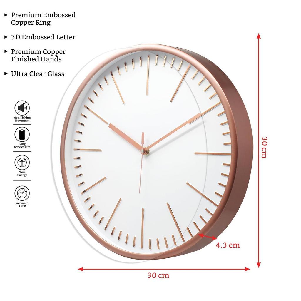 Embossed Metallic Analog Wall Clock, Silent Sweep, Line Time Indicator (12 Inches, Copper and White)