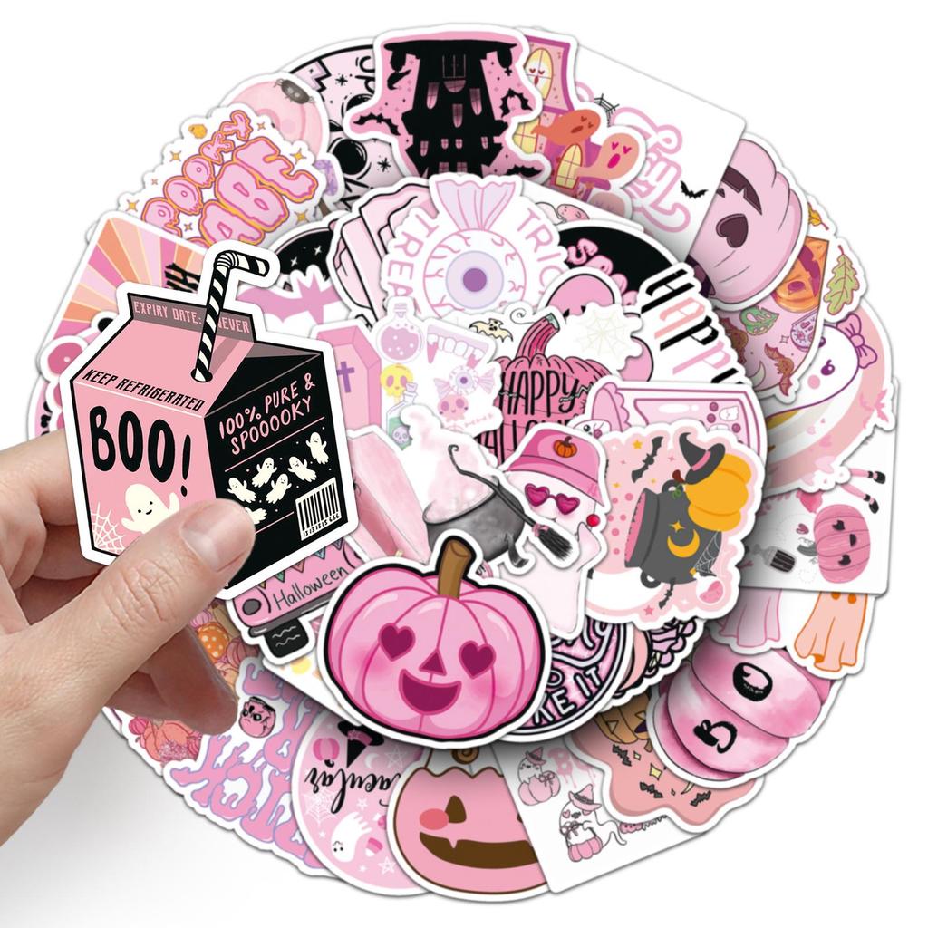 50 Pink Halloween Waterproof Stickers for DIY Cards, Journals, and Festive Decorations