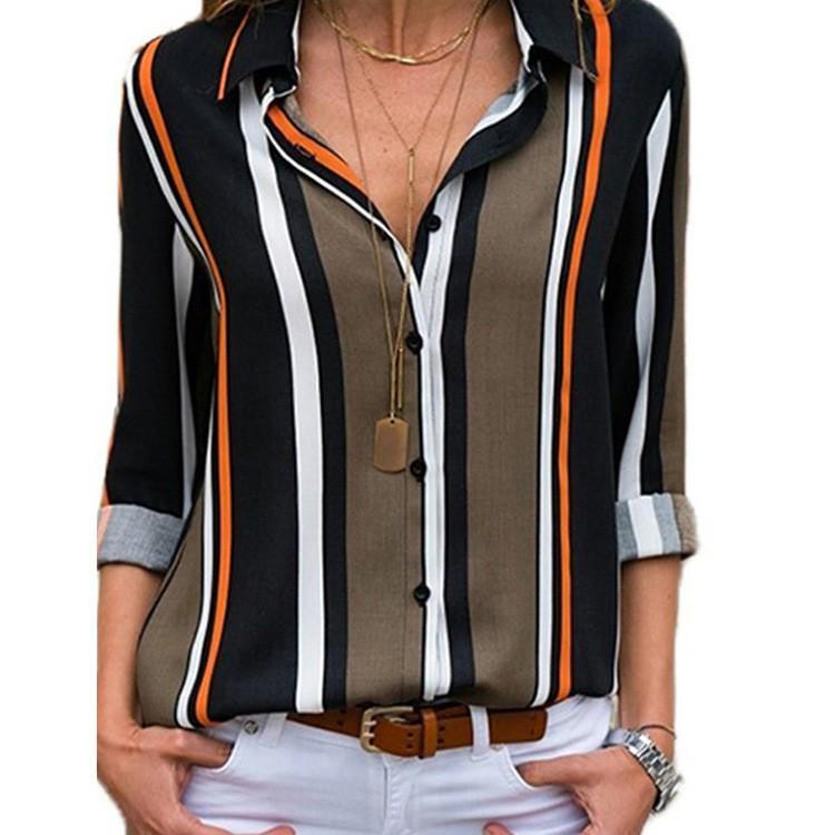 European & American Striped V-Neck Chiffon Long Sleeve Women's Top