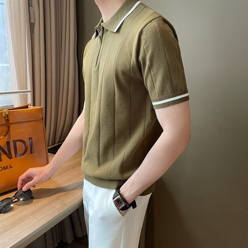 Korean Version Of Casual Semi-Zipper Polo Shirt Men'S Short-Sleeved Slim-Fitting High-End Mature Men'S Lapel Knitted Sweater