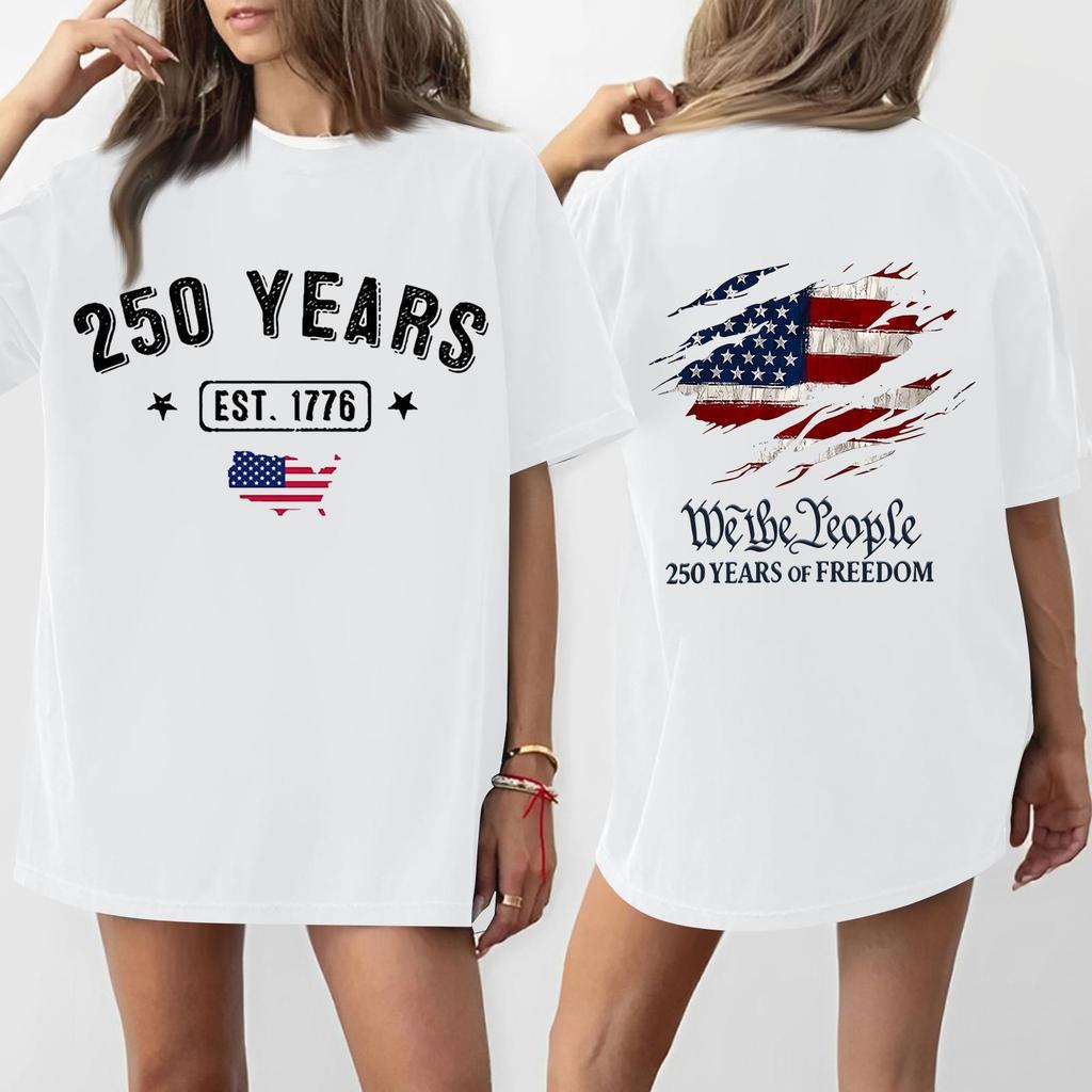 Women's Casual Independence Day 250 Anniversary Printed T-shirt Round Neck Pullover Short Sleeve Top