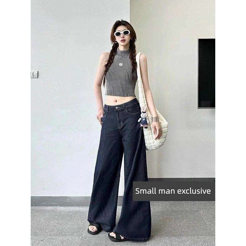 Small Dark Blue Denim Female Niche Design American Retro Loose Wide Leg Drape Straight Mopping Pants