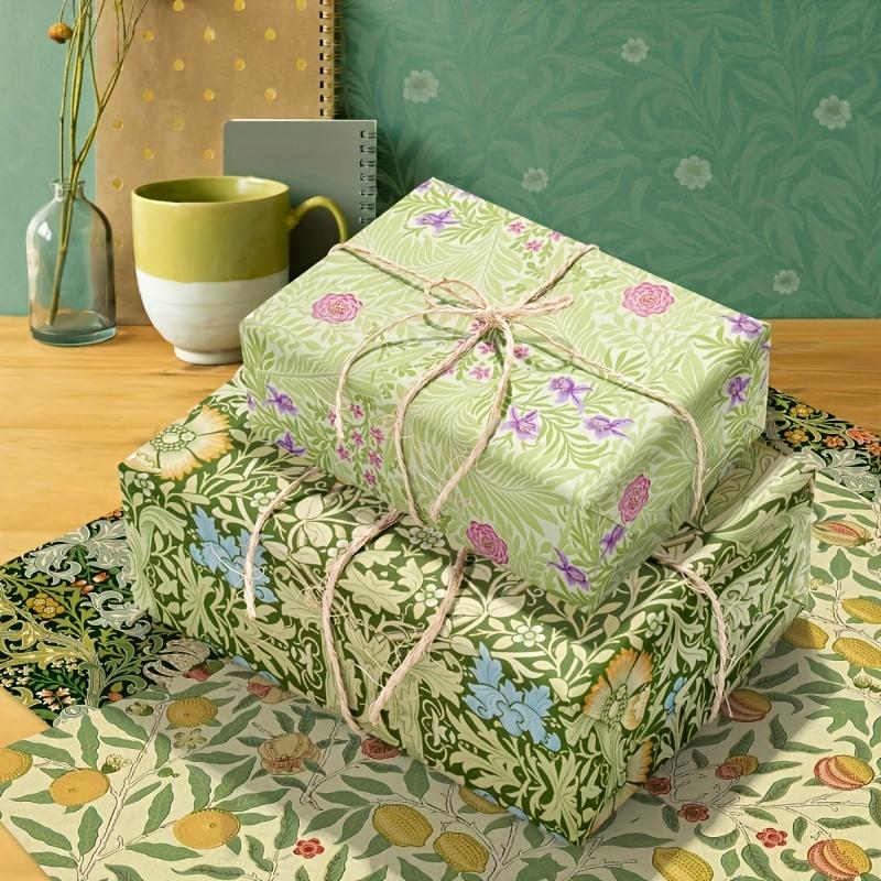 12 Stück/Set Vintage Blumen Geschenkpapier - 50,8-68,58cm, Elegante Grüne & Goldene Blumenmuster mit Schmetterlingen & Früchten