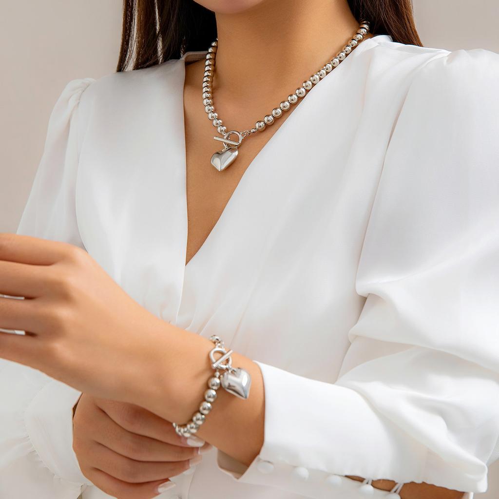 2Pcs Luxury Gold Color Beads Heart Pendant Necklace Bracelet for Women Punk Vintage OT Buckle Choker Wedding Party Zircon Set