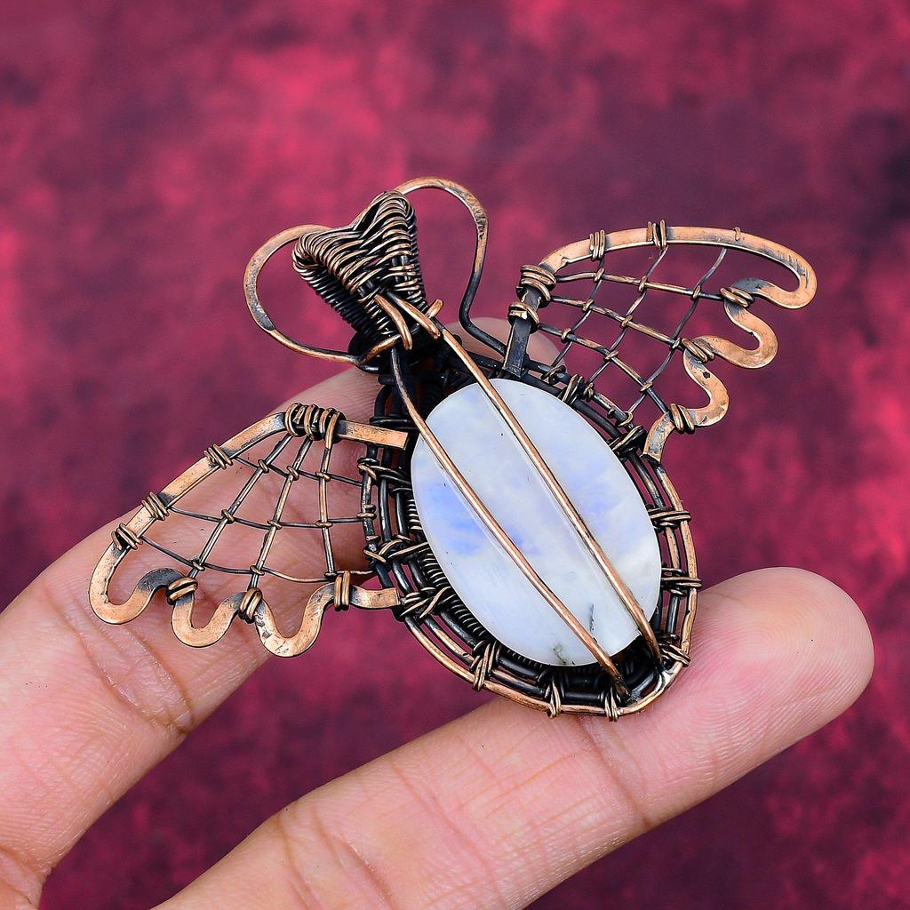Rainbow Moonstone Pendant Butterfly Gemstone Pendant Copper Wire Wrapped Jewelry