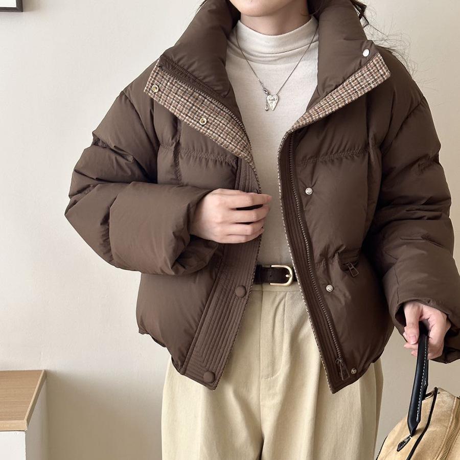 Woolen splicing white duck down stand-up collar windproof zipper short thickened warm down jacket women's winter