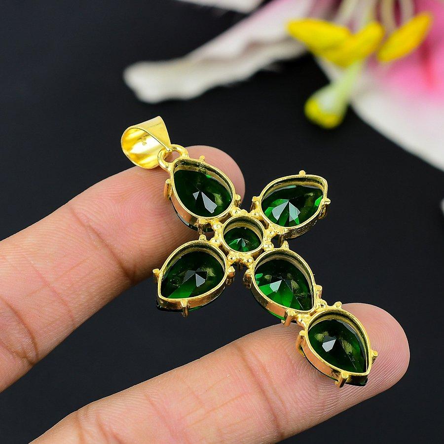 Chrome Diopside Gemstone Handmade 925 Sterling Silver Jewelry Pendant 2.17" KG-166