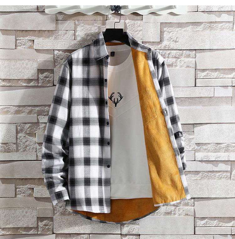 Men's Slim-Fit Fleece-Lined Plaid Button-Down Shirt - Korean Style Warm Casual Top