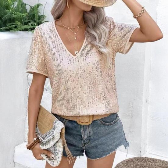 Women T-shirt V-Neck Short Sleeve Shiny Sequins Tee Shirt Loose Fit Summer Sexy Tops Holidays Parties Wear