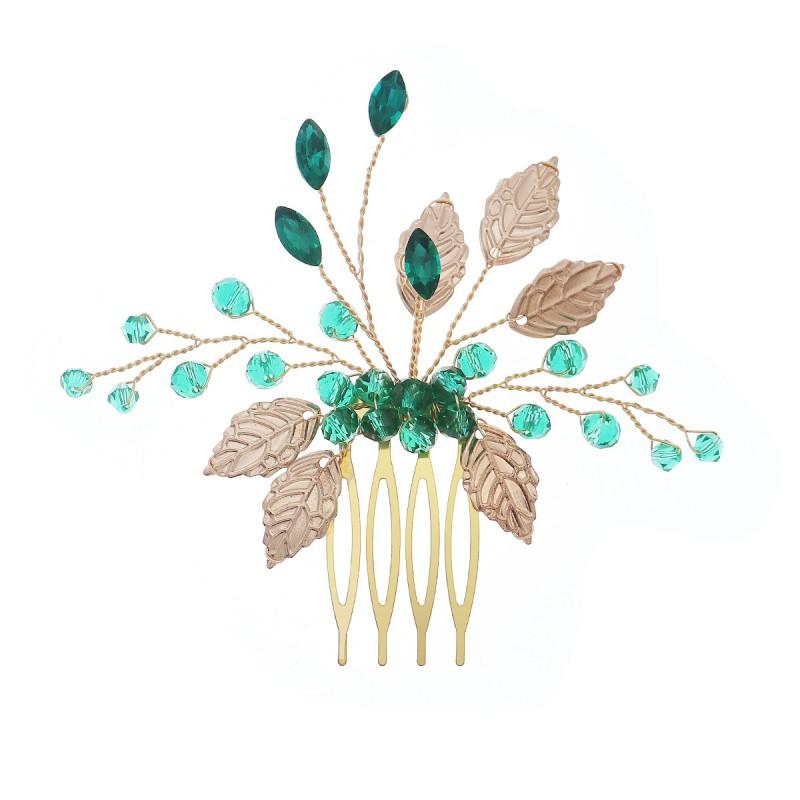 Elegant Green Crystal Leaf Hair Comb Wedding Birthday Party Office Wear Handmade Luxury Accessory