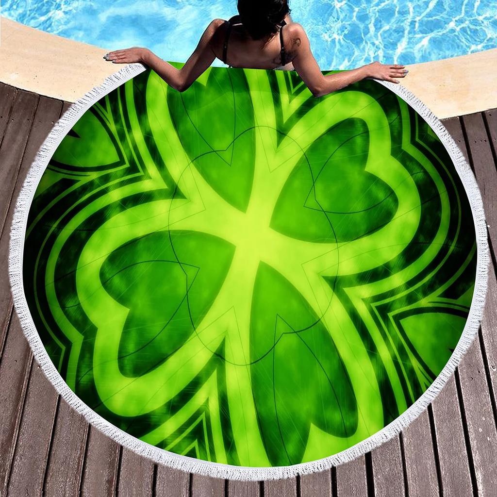 Lucky Clover Round Beach Towels,Soft Lightweight Sand Free Happy St. Patrick's Day Beach Blanket,Spring Botanical Leaves Towel