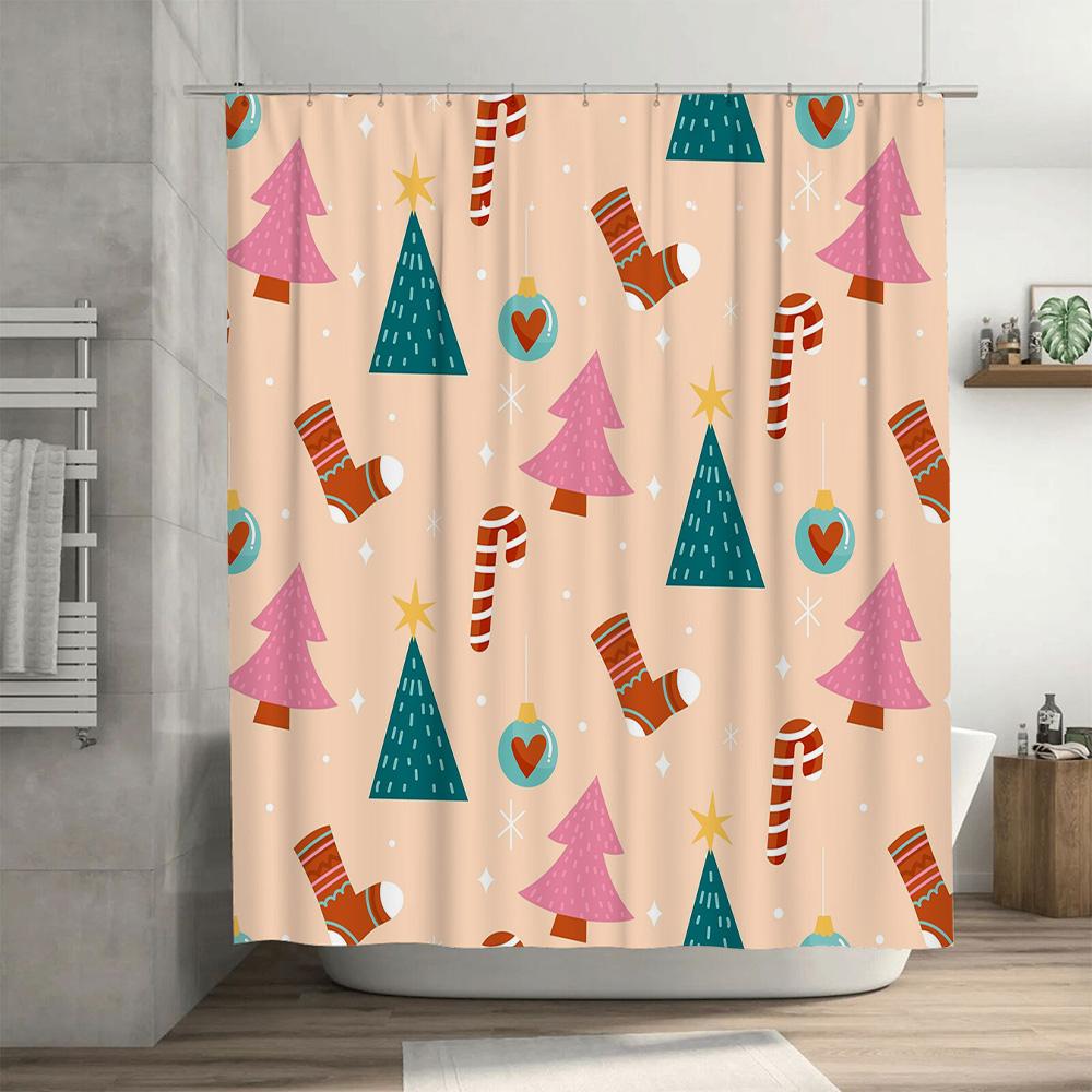 Christmas Shower Curtain Set Holiday Christmas Decorations, Xmas Trees, Candy Cane Design Waterproof Bathroom Liner for Festive