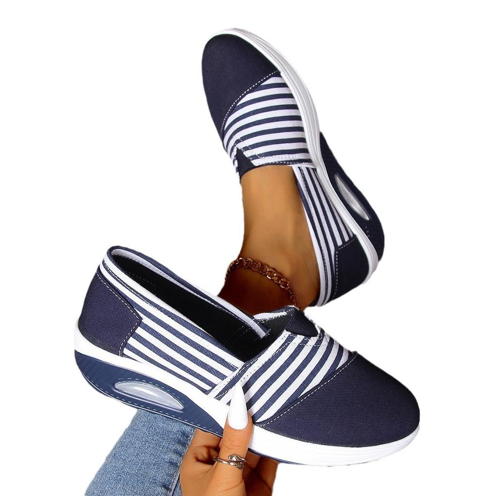 Women's Striped Slip-On Sneakers - Round Toe, Low Top, All-Season Comfort Shoes and Breathable Fabric Insole