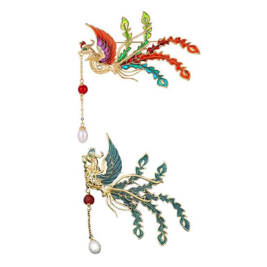Brooch Retro Style Phoenix Design Lapel Pin with Faux Pearl Tassel Sweaters Collars Hats Bags Coats Scarves Badge Outfit Accessory