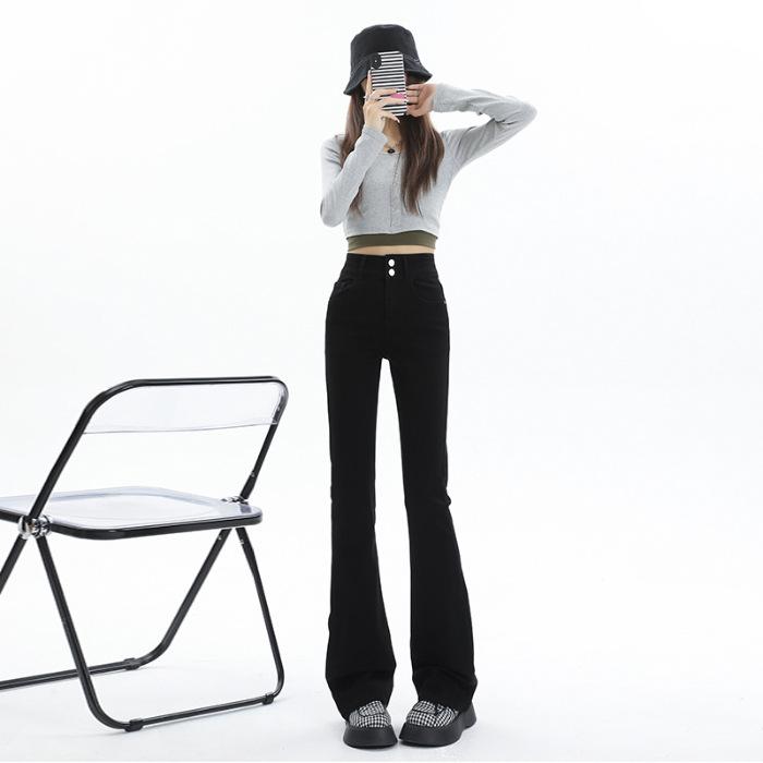 Fleece Slightly Pulled Jeans, Thickened Fleece Double-buckle Elastic High-waisted Belly and Thin Denim Flared Pants