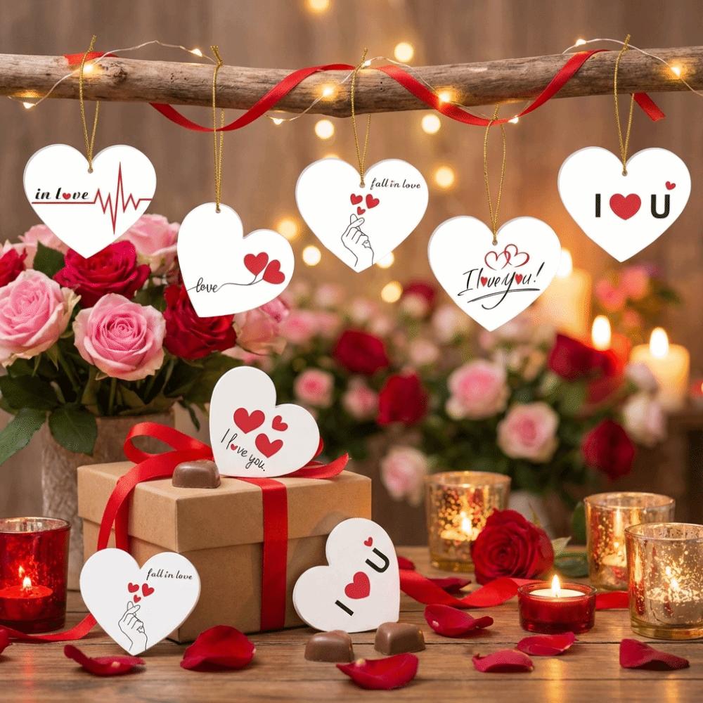 60Pcs White Heart Valentines Day Gifts Tags Gold Lanyard Handwritten Style Heart Paper Tag Small Cards Valentine's Day Labels