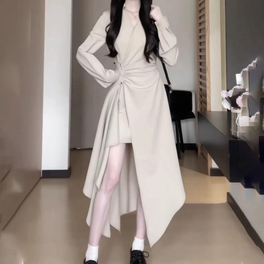 

Французская нерегулярная длинная юбка осенняя с завышенной талией, дизайнерский сенс, V-образный вырез, темпераментная, однотонная, с разрезом, женская 2XL