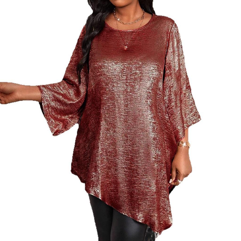 Plus Size Loose Round Neck Three Quarter Sleeve Irregular Hem Top For Women
