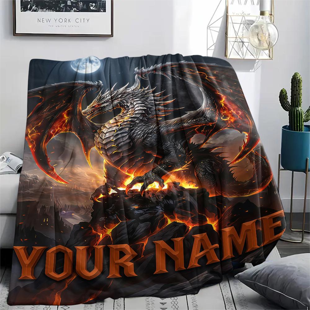 1PC Custom Name Dragons Fiery Majesty Patterned Flannel Blanket Suitable For All Seasons for Home Decor Warmth and Comfort Gifts Holiday Present_lx