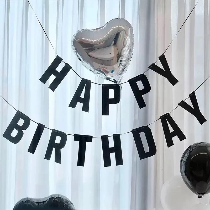 1Set Black Happy Birthday Party Banner Happy Birthday Wall Hanging Decoration Photo Prop Backdrop Decor Birthday Supplies