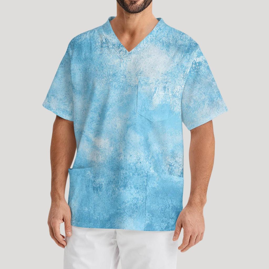 Men's Printing Short Sleeve V-neck Working Blouse Chest Pocket Carer Top