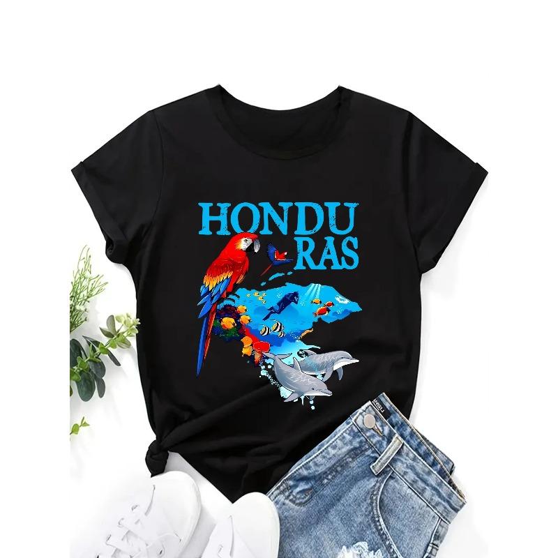 European size Women'S Short-Sleeve Round-Neck T-Shirt with a Honduras Parrot Print
