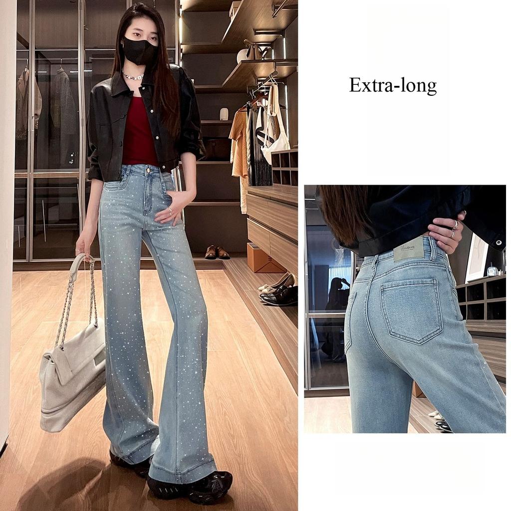 Spring Summer Platinum Glitter High Waist Slim Hide Figure Light Tone Floor Sweeping Micro Flare Denim Pants Ladies Casual Oversize Denim Trousers
