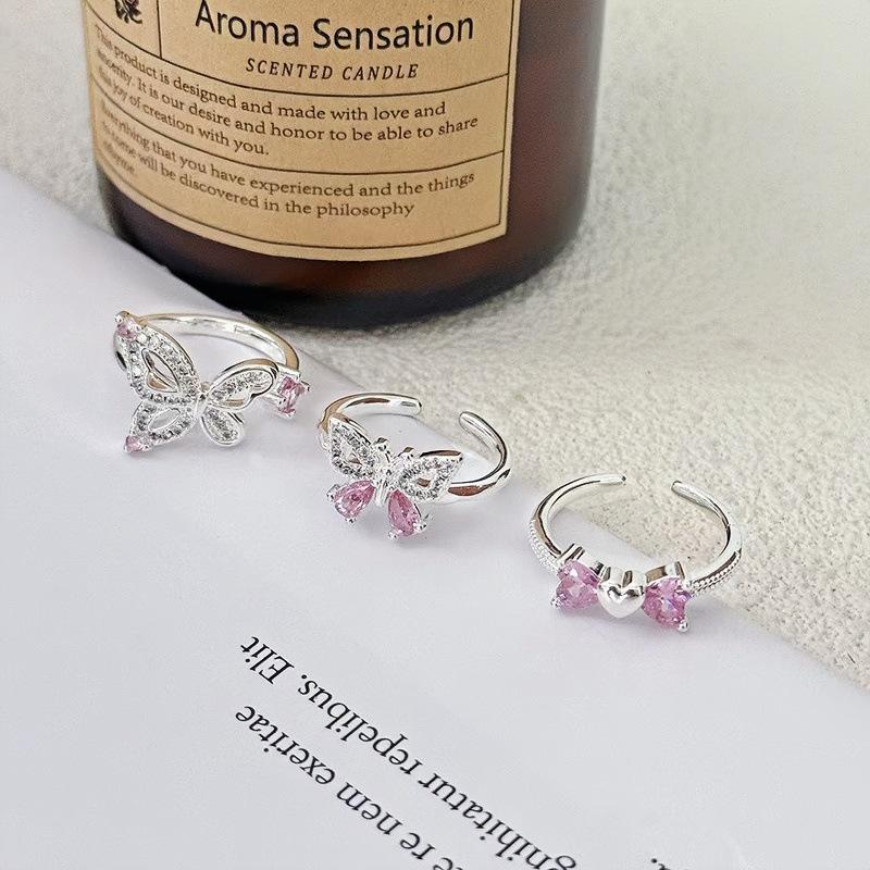 Pink Zircon Full Diamond Butterfly Series Opening Adjustable Ring Light Luxury Sweet Cool Style Niche High-End Ring Woman