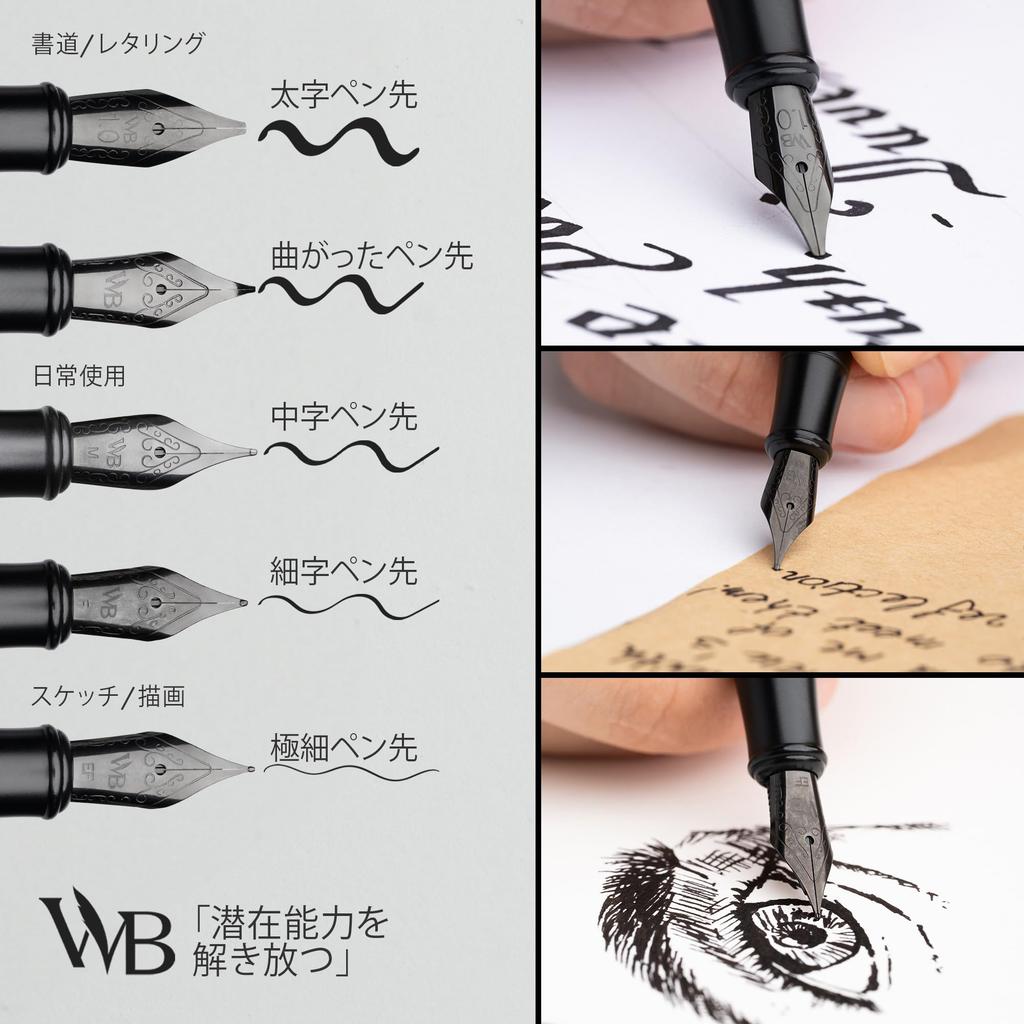 Wordsworth Black Fountain Pen Fine 24 Ink Ink Refill Converter Gift Unisex & Set, Nib, Cartridges, & Box, Calligraphy, [All Black],