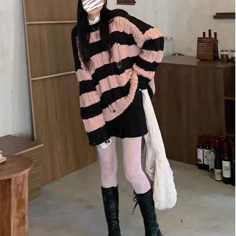 Punk Style Irregular Ripped Sweater Women's Striped Knit Pullover Loose Long-sleeve Crew Neck Top Twist Pullover Coat Korean Fashion