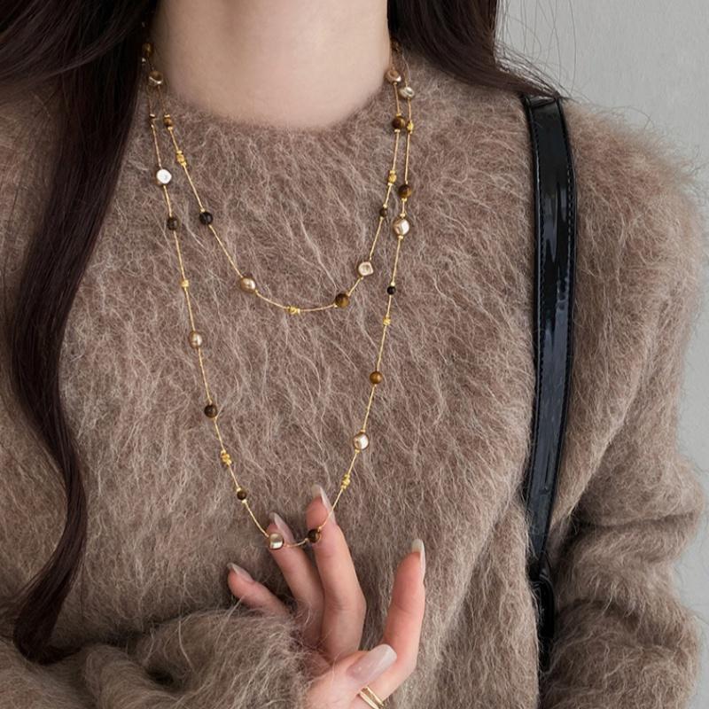 Autumn And Winter Long Tiger Eye Stone Pearl Beads Long Sweater Chain For Women'S Popular Necklace  Jewelry Accessories