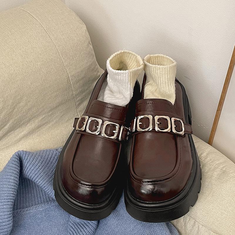 Brown British Style Thick Heel Platform Small Leather Shoes Women's 2025 New Autumn and Winter Versatile Height Increase One Pedal Loafers