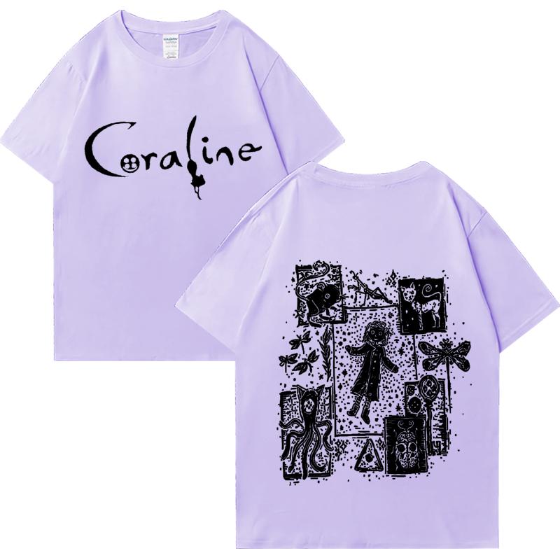 

Жіноча вінтажна футболка з графікою фільму Coraline, модна вінтажна вулична футболка, великі розміри, 100% поліестер, короткі рукави XL лавандовий