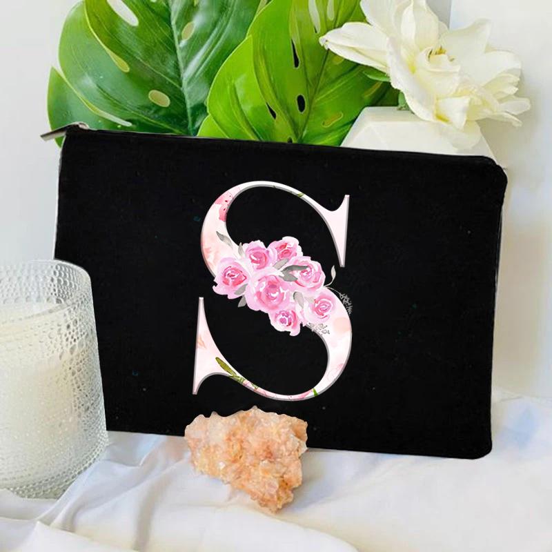 Damen Tasche Make-up Tasche Brautjungfer Make-up Taschen Blumen Alphabet Druck Leinen Reißverschluss Tasche Reise Organizer Etui Mujer Bolsas Kosmetik