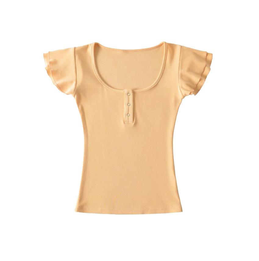 U-neck short-sleeved T-shirt women's summer new Spice Girl style solid color slim-fitting and thin short hidden button bottoming shirt top