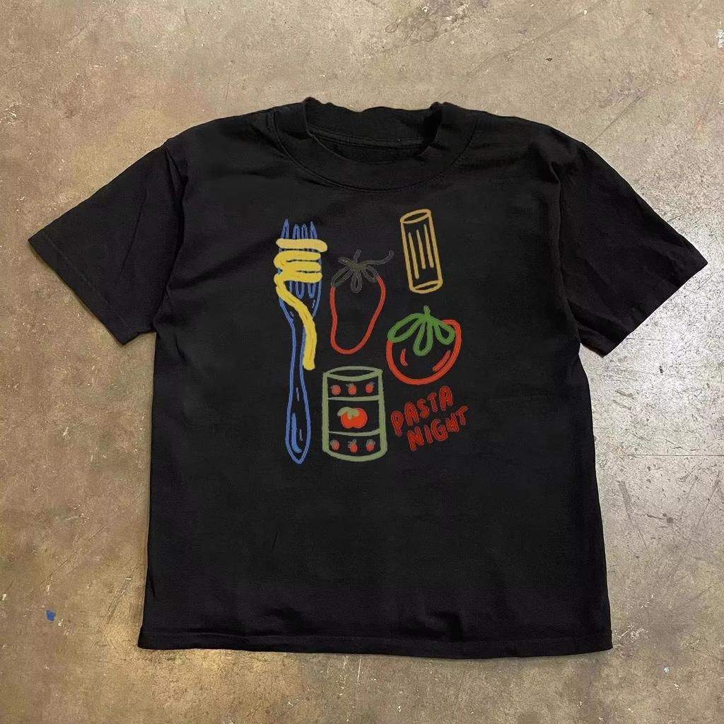 Women T-shirt Ample À Manches Courtes Et Col Rond Pour Hommes Et Femmes, Imprimé Dessin Animé Américain Rétro D'été, Pur Coton