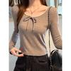 Women's Chic Sweet & Spicy Lace Bow Tie Round Neck Slim Fit Long Sleeve T-shirt