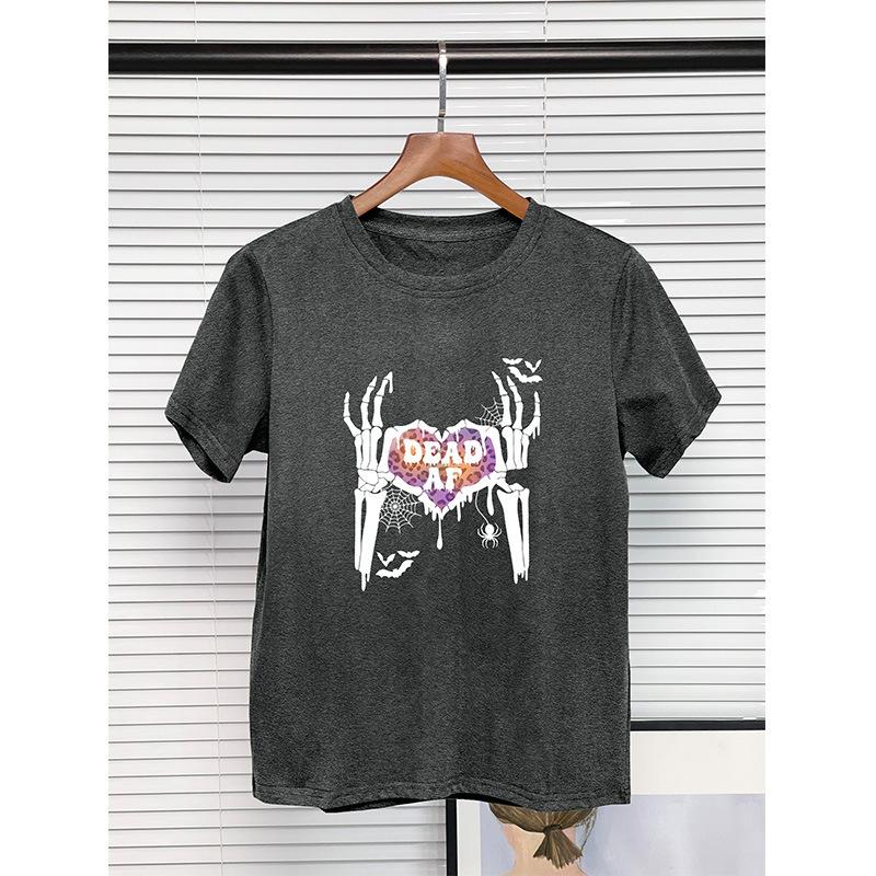 New Women's Round Neck Short Sleeve T-shirt Pure Cotton Halloween Printed Tops for Women