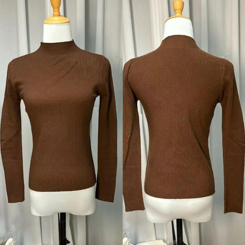 Women Autumn Winter Half High Collar Ribbed Knitted Sweater Solid Color Long Sleeve Slim-fit Pullovers