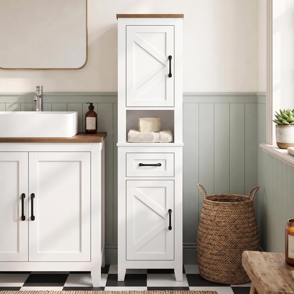 Bathroom Cabinet, 2 Doors, Drawer, Open Compartment, Adjustable Shelves, White
