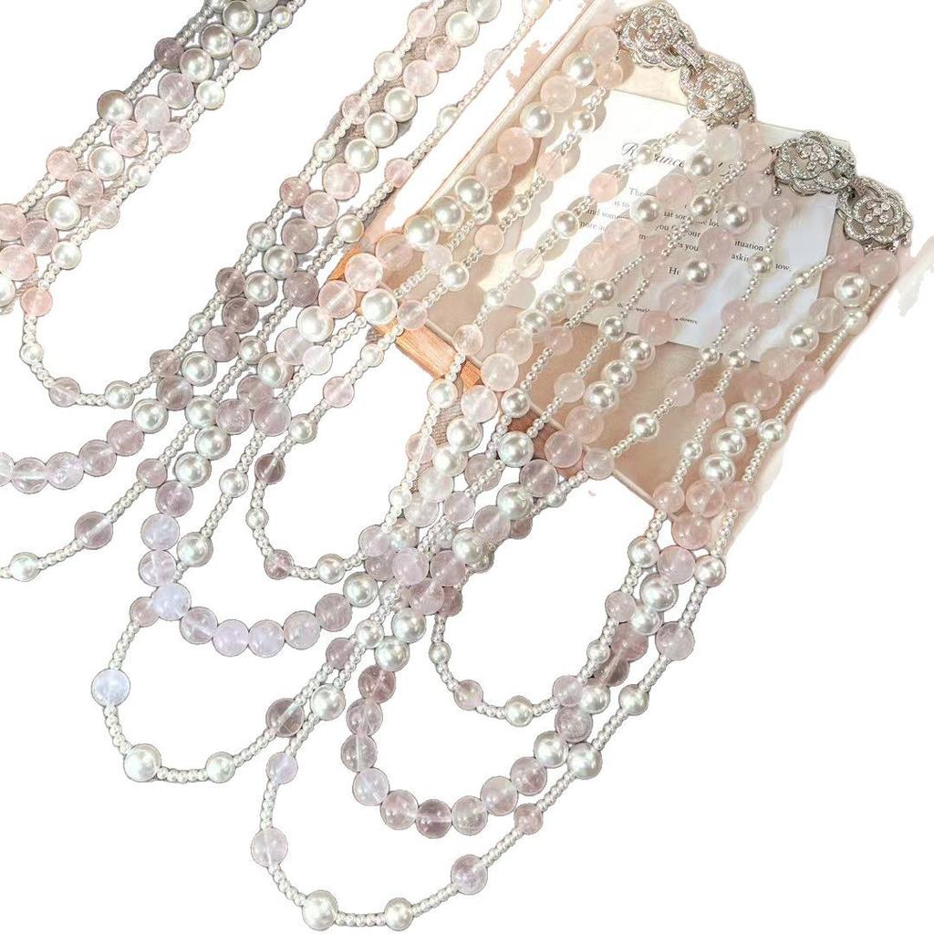 Vintage Spring Powder Crystal Artificial Crystal Pearl Multi-Layer Design Clavicle Chain Necklace Sweater Chain