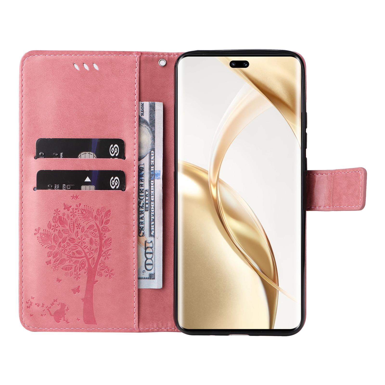 

For Honor 200 Pro 5G Phone Case with Stand Cat Tree Pattern Leather Wallet Mobile Cover Pink
