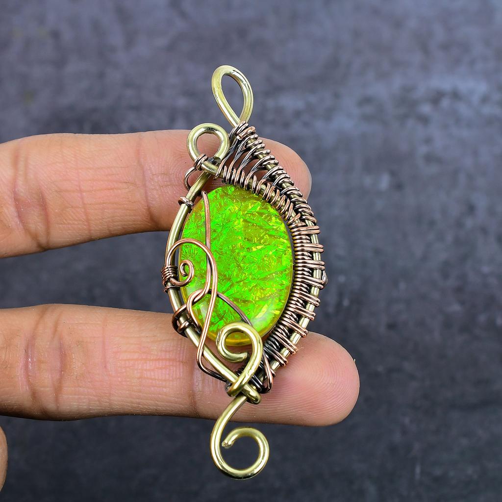Yellow Triplet Opal Handmade Copper Eire Wrap Jewelry Pendant 3.15" V3v49