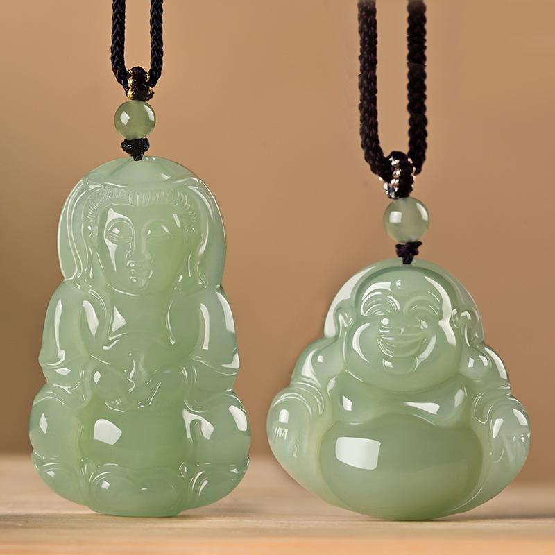 Natural Hetian Jade Guanyin & Buddha Couple Pendants – Clear Water Big Belly Bodhisattva Design.