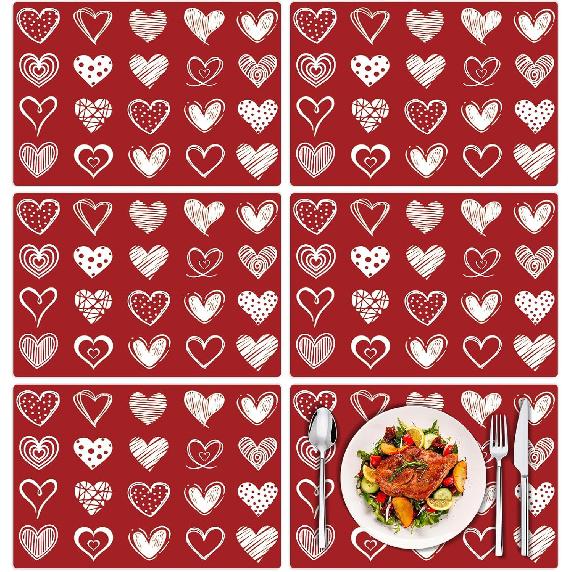 Tarklanda Pink Love Hearts Placemats Set of 6, 11 x 15.7 Inch Washable Vinyl Table Mats Valentine Holiday Plastic Placemats for Anniversary Wedding