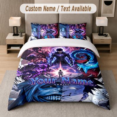 Solo Leveling 3-teiliges Bettwäsche-Set, Personalisierter Text mit individuellem Namen, 1 Bettbezug & 2 Kissenbezüge für das Schlafzimmer