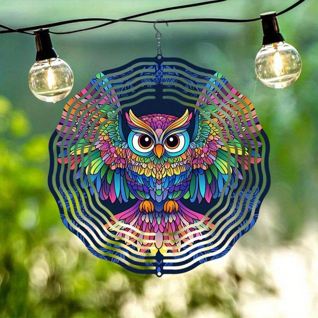 Colorful 3D Owl Metal Wind Chime - Outdoor Hanging Garden Decor with 360° Rotating Hook, Handcrafted Patio Ornament for Home, Wedding