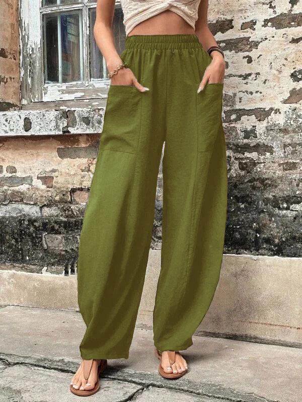 Women's Solid Color Casual Pants with Pockets and Elastic Waist.
