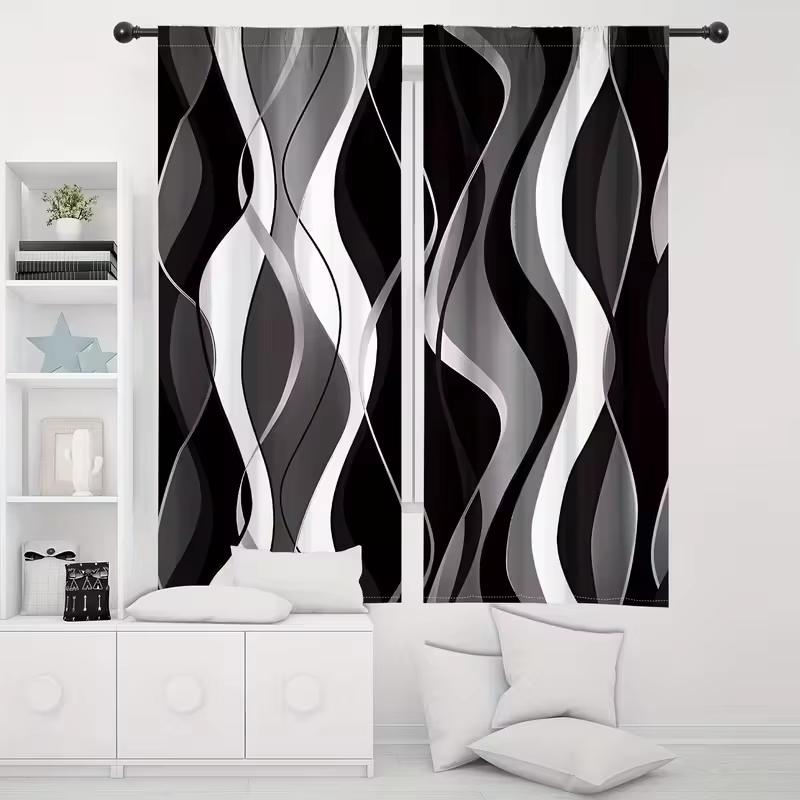 2Pcs Multicolor Black White And Gray Abstract Wavy Lines Pattern Curta Rod Pocket Design For Bedroom And Living Room 24x59in(60x150CM)x2&Rod Pocket&2 panels