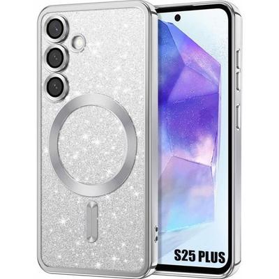Kryt pro Samsung Galaxy S25 Plus (S25+), Třpytivá ochrana se stříbrným magnetickým kroužkem